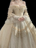 Gorgeous Ivory Sweetheart Lace Off-the-shoulder Long-sleeve A-Line Wedding Dress Ball Gown Prom Dress Evening Dress HZ1024