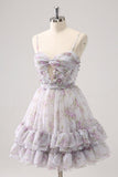 Vintage A-Line Homecoming Dress Spaghetti Straps Ruffled Floral Print Tiered Cocktail Dress HZ1024