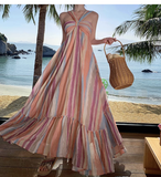 New Rainbow Stripe Design Beach Holiday Casual Halter Dress HZ1024