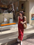 New Fashion Red Floral Design A-line Beach Holiday Spaghetti Strap Dress HZ1024