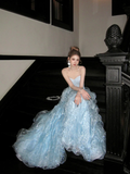 Gorgeous Shiny Light Blue Strapless Design A-Line Tulle Wedding Dress Prom Dress Evening Dress HZ1024