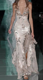 Vintage Floral Sheath Prom Dress Long Halter-neck Evening Dress Chiffon High Slit Formal Dress HZ1024
