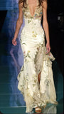 Vintage Floral Sheath Prom Dress Long Halter-neck Evening Dress Chiffon High Slit Formal Dress HZ1024