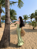 Vintage Green Floral Mermaid Spaghetti Strap Design Satin Prom Dress Evening Dress HZ1024
