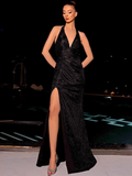 Vintage Shiny V-neck Halter Dress Mermaid Long High Slit Summer Dresses Prom Dress Evening Dress HZ1024