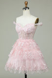 Vintage Pink Floral Embroidery Design A-line Off-the-shoulder Tiered Homecoming Dress HZ1024