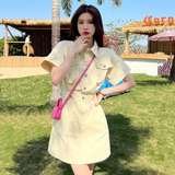 Simple Casual Short Sleeve Button-front Denim Dress HZ1024