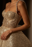 Cute Champagne Homecoming Dress Glittering Sequin Party Dress Pearl Straps A-Line Short Cocktail Dress HZ1024