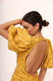 Special Yellow V-neck Lace Short Sleeve Mermaid Evening Dress Prom Dress HZ1024