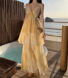 New Simple Yellow Floral Design A-Line Beach Holiday Spaghetti Strap Dress HZ1024