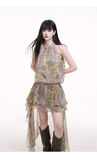 Simple Fashion Leopard Print Plaid Style Halter Dress HZ1024