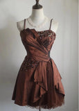 Vintage Brown Beading Design A-line Spaghetti Strap Party Dresses Homecoming Dresses, HZ1024