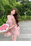 Stylish Pink Patchwork Ruffled Sleeveless Seaside Holiday Halter Dress HZ1024