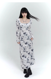 New Fashion Butterfly Pattern Design Sense White Long-sleeved Dress HZ1024