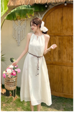 Simple Fashion White Sleeveless Design Beach Holiday A-line with Belt Jacquard Halter Dress HZ1024