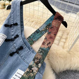New Design Interesting Printed Literary Retro Denim Suspenders Loose Dress HZ1024