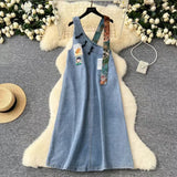 New Design Interesting Printed Literary Retro Denim Suspenders Loose Dress HZ1024