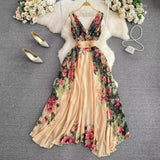 New Stylish Elegant V-neck High-waisted Floral Dress HZ1024