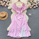 Vintage Simple Square Collar Puffed Sleeves Floral Dress HZ1024