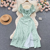 Vintage Simple Square Collar Puffed Sleeves Floral Dress HZ1024
