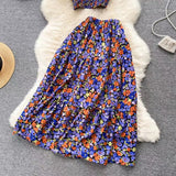 New Seaside Holiday Fashion Short Sleeveless Top High Waist Floral Skirt Two-piece Set HZ1024