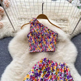 New Seaside Holiday Fashion Short Sleeveless Top High Waist Floral Skirt Two-piece Set HZ1024