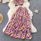 New Seaside Holiday Fashion Short Sleeveless Top High Waist Floral Skirt Two-piece Set HZ1024