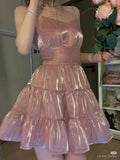 Sweet Pink A-line Spaghetti Strap Short Birthday Party Dress Homecoming Dress HZ1024