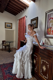 Elegant White Ruffles Prom Dress Off-the-shoulder Evening Gown Party Dress Long Formal Dress HZ1024