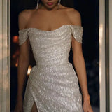 Sparkly Ivory Mermaid Off Shoulder High Slit Cheap Long Prom Dresses Online HZ1024
