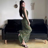 Vintage Green Floral V-neck Mermaid Summer Dresses Prom Dress Evening Dress HZ1024