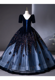 Vintage Navy Blue Velvet Beaded Sweet 16 Quinceanera A-Line V-neck Short-sleeved Evening Dress Long Ball Gown HZ1024