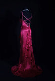 Vintage Fuchsia Satin Beaded Evening Gown Sheath Ruffled Party Dress Long Formal Dress HZ1024