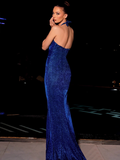 Vintage Shiny V-neck Halter Dress Mermaid Long High Slit Summer Dresses Prom Dress Evening Dress HZ1024
