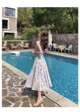Design Sense Blue Painting Long Dress Holiday Beach Floral Spaghetti Strap Dress HZ1024