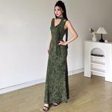 Vintage Green Floral V-neck Mermaid Summer Dresses Prom Dress Evening Dress HZ1024