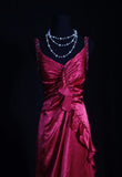 Vintage Fuchsia Satin Beaded Evening Gown Sheath Ruffled Party Dress Long Formal Dress HZ1024