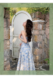 Design Sense Blue Painting Long Dress Holiday Beach Floral Spaghetti Strap Dress HZ1024