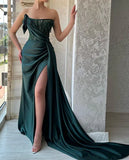 CLASSY LONG DARK GREEN SLEEVELESS BEADING EVENING PARTY GOWNS LONG SLIT HZ1024
