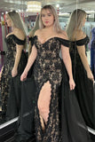 Mermaid Black Lace Off-the-Shoulder Long Prom Gown with Attached Train HZ1024