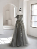 A-Line Off Shoulder Tulle Lace Gray Long Prom Dress, Gray Tulle Lace Formal Dress HZ1024