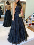 Black A-line tulle long prom dress black tulle formal party dress HZ1024