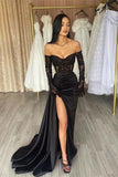 CLASSY LONG BLACK OFF-THE-SHOULDER LACE MERMAID LONG SLEEVES EVENING PARTY GOWNS LONG SLIT HZ1024