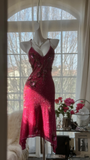 Vintage Shiny Sequin Rose Red Backless Design A-line Romantic Chiffon Evening Dress Prom Dress HZ1024