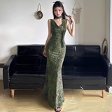 Vintage Green Floral V-neck Mermaid Summer Dresses Prom Dress Evening Dress HZ1024