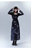 New Fashion Butterfly Pattern Design Sense Navy Blue Long-sleeved Dress HZ1024