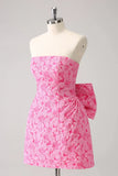 Vintage Rose Pink Bow Design A-line Floral Sleeveless Strapless Homecoming Dress HZ1024