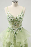 Vintage Mint Green Floral Embroidery Design A-line Spaghetti Strap Homecoming Dress HZ1024