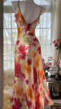 Vintage Floral A-line V-neck Spaghetti Strap Evening Dress Prom Dresses HZ1024