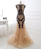 Champagne v neck lace applique mermaid long prom dress HZ1024